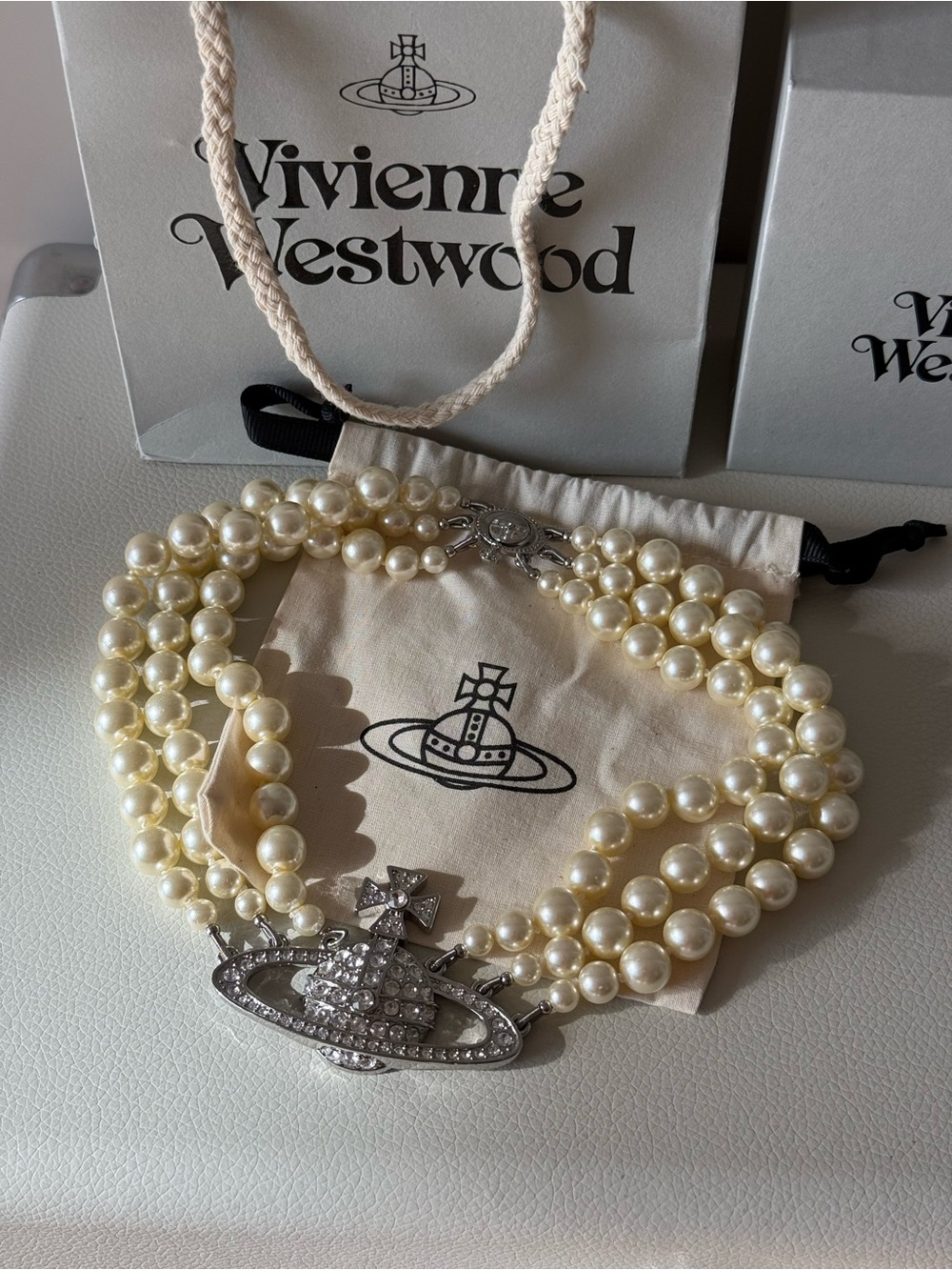 Vivienne Westwood Triple Strand Pearl Orb Choker Necklace